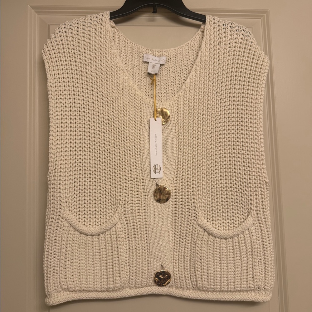 House of Harlow 1960 Cream Chunky Knit Sweater Vest with Gold Buttons